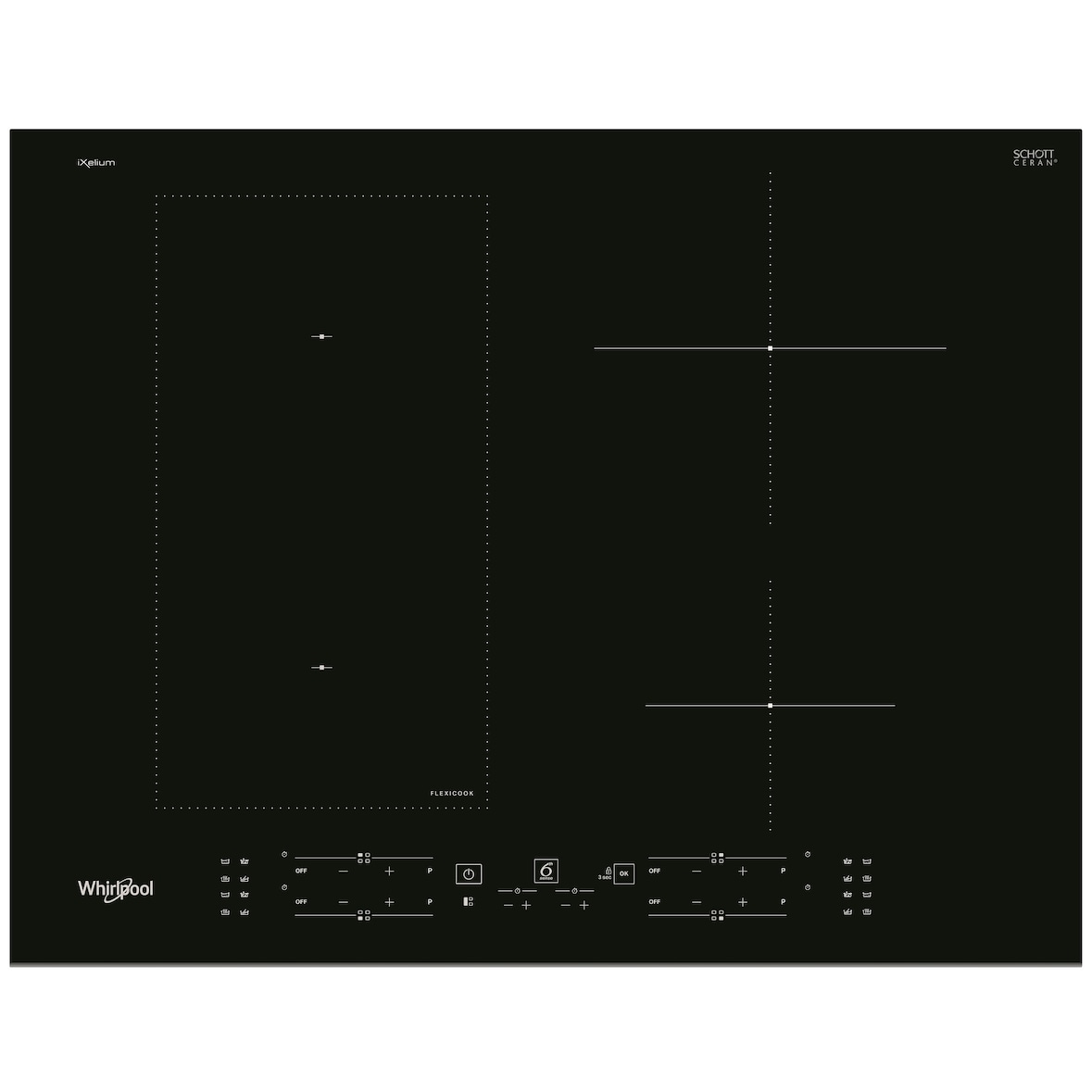 Whirlpool Table induction WLB4265BFIXL ,noir,65cm iXelium,4 zones dont 1 zone modulable Flexicook, 4 boosters, 6e Sens 4 fonctions auto.par zone,7200W