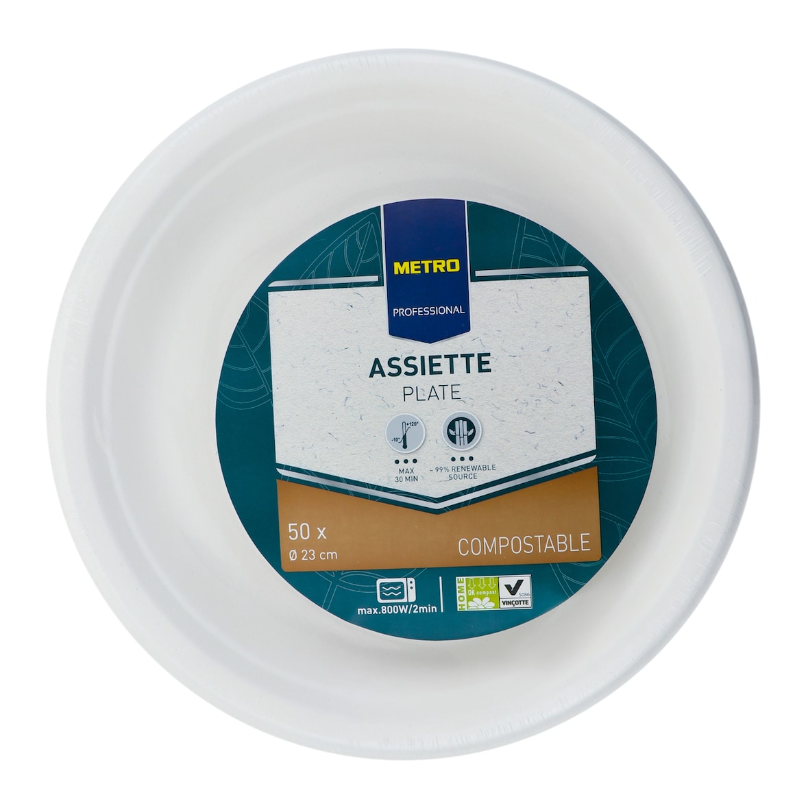METRO Professional Prato, papelão, Ø 23 cm, descartável, compostável, redondo, sustentável, branco, 50 unidades