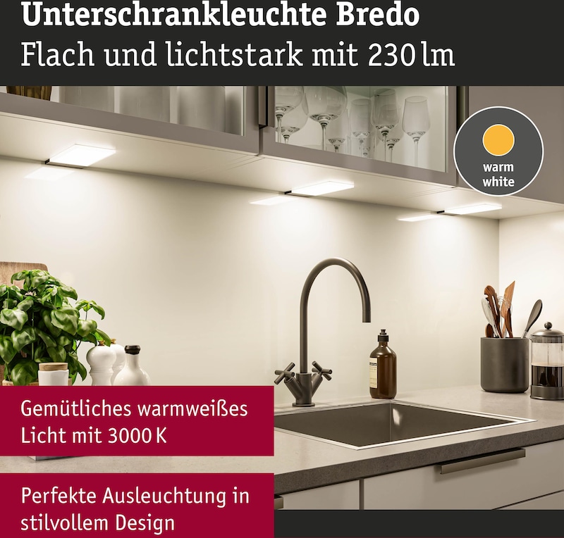 Flache, helle Unterschrankleuchte mit 230 Lumen.