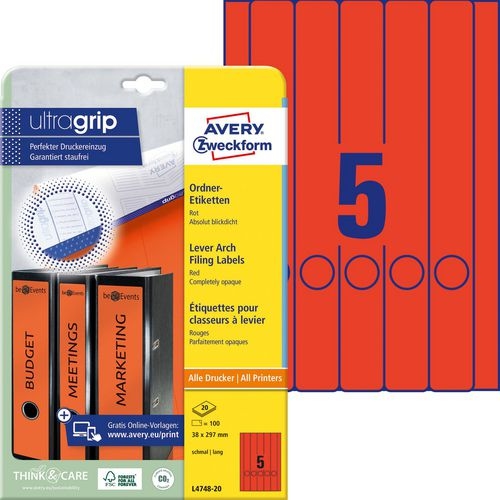 AVERY Zweckform L4748-20 Ordneretiketten DIN A4 Rot 38 x 297 mm 20 Stück à 5 Etiketten