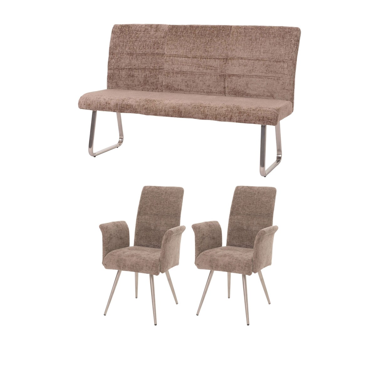 Mendler Esszimmer-Set HWC-G55, 2er-Set Stuhl mit Armlehne+Sitzbank 160cm, Edelstahl gebürstet Stoff/Textil Chenille ~ braun