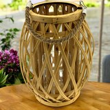 thumbnail of Houten windlicht van bamboe met een handvat van touw - 30 x 24 x 24 cm