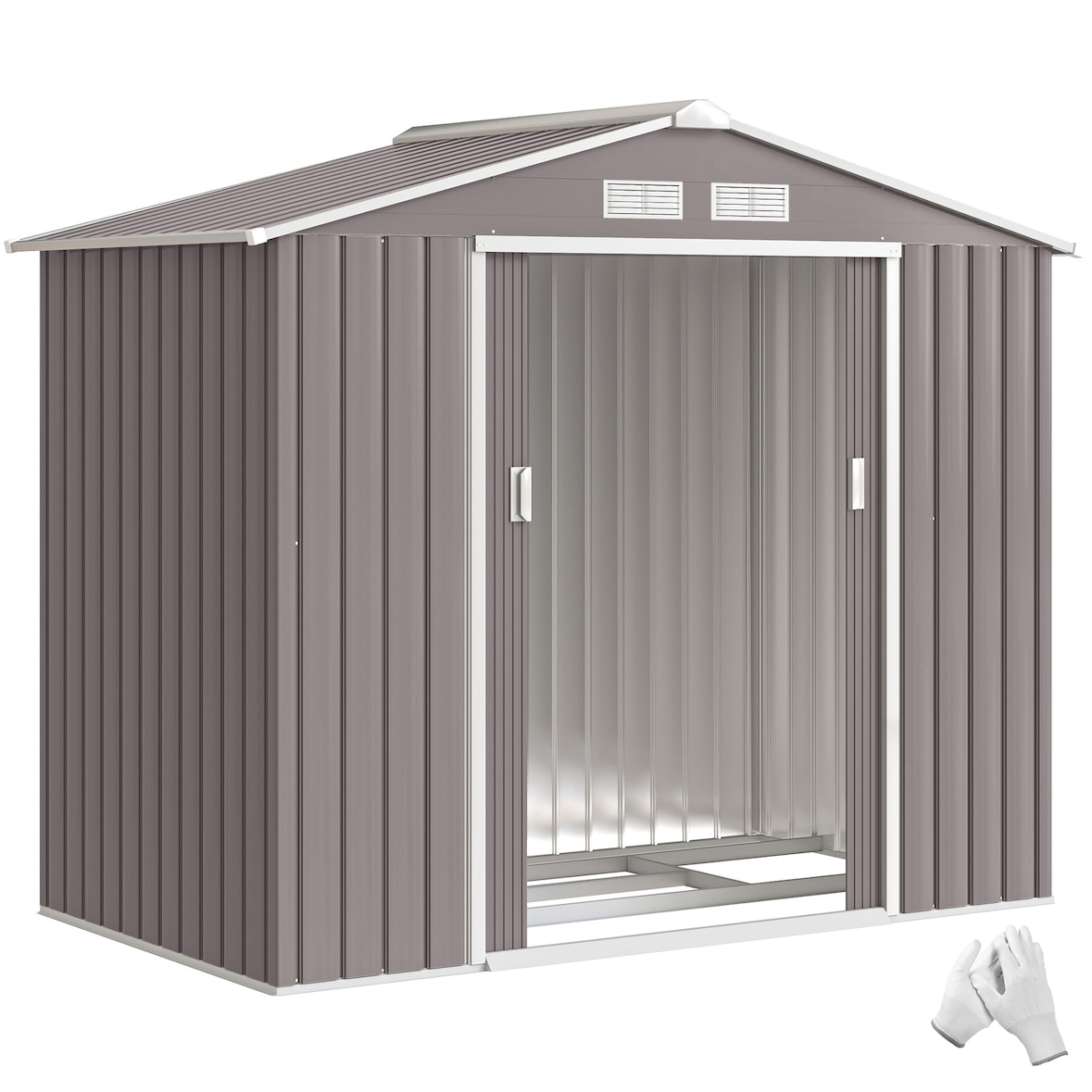 Outsunny caseta de jardín 213x130x185 cm cobertizo metálico de exterior para almacenamiento de herramientas con 2 puertas correderas y 4 ventanas gris