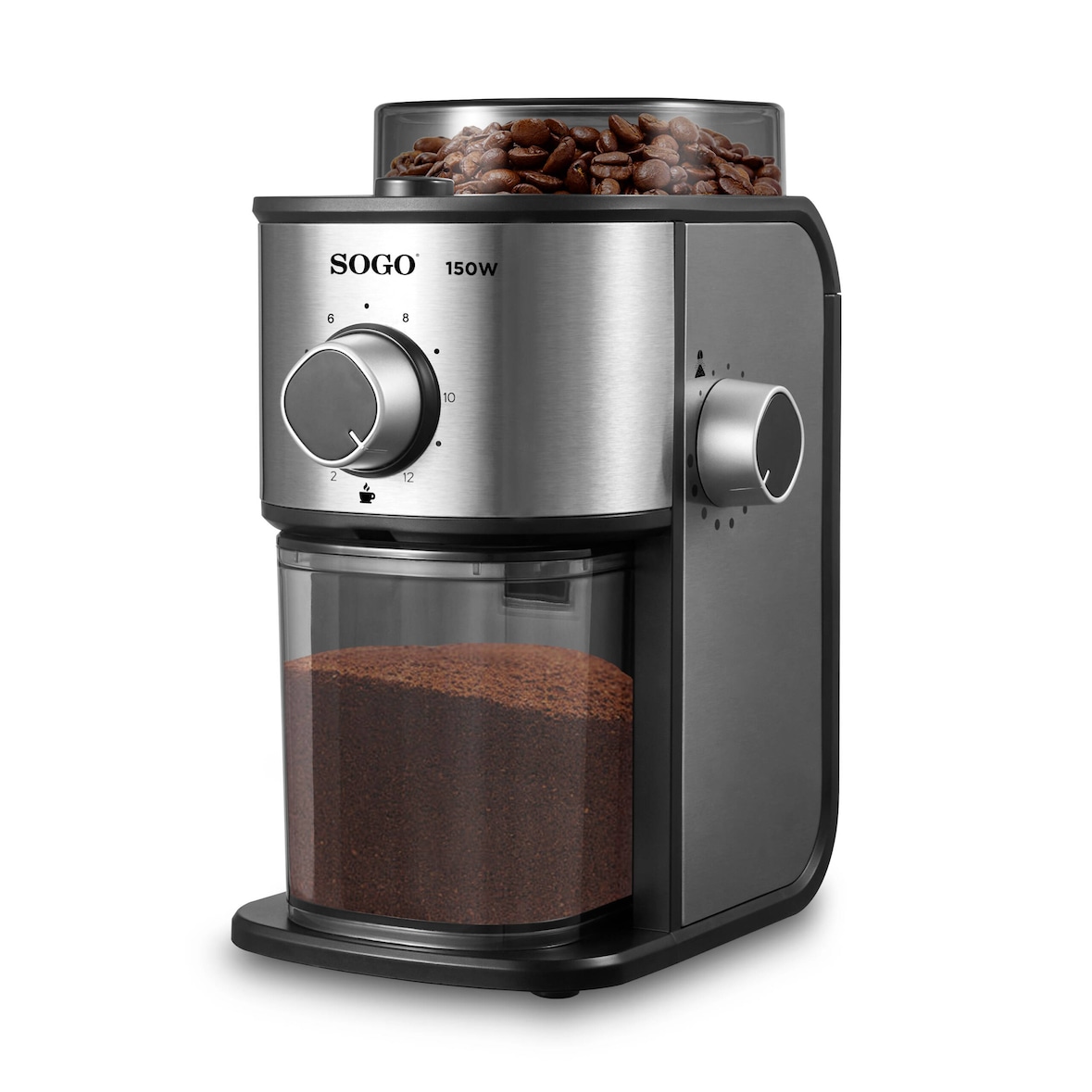 Moinho de café SOGO MOL-SS-5236; Potência: 150W; 14 níveis de moagem; Capacidade grão: 200g; Capacidade café moído: 150g;