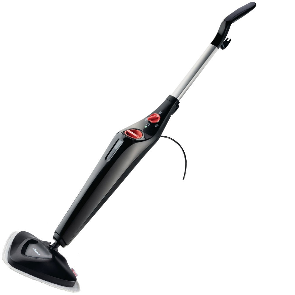 Vileda 168917 Steam PLUS Dampfreiniger mit 2x Mikrofaserbezug, entfernt bis zu 99,9% Bakterien, ohne Chemie, 3 Dampfeinstellungen, Schwarz/Rot