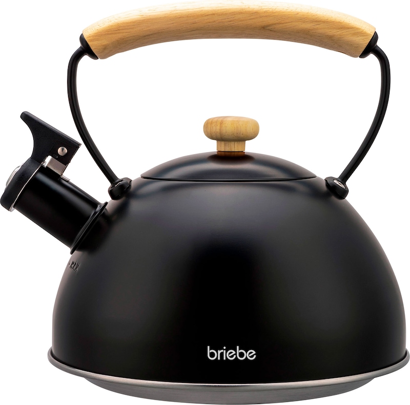 Briebe Wooden Wasserkessel Induktion Flötenkessel 2,5L Edelstahl, Holzgriff, Schwarz