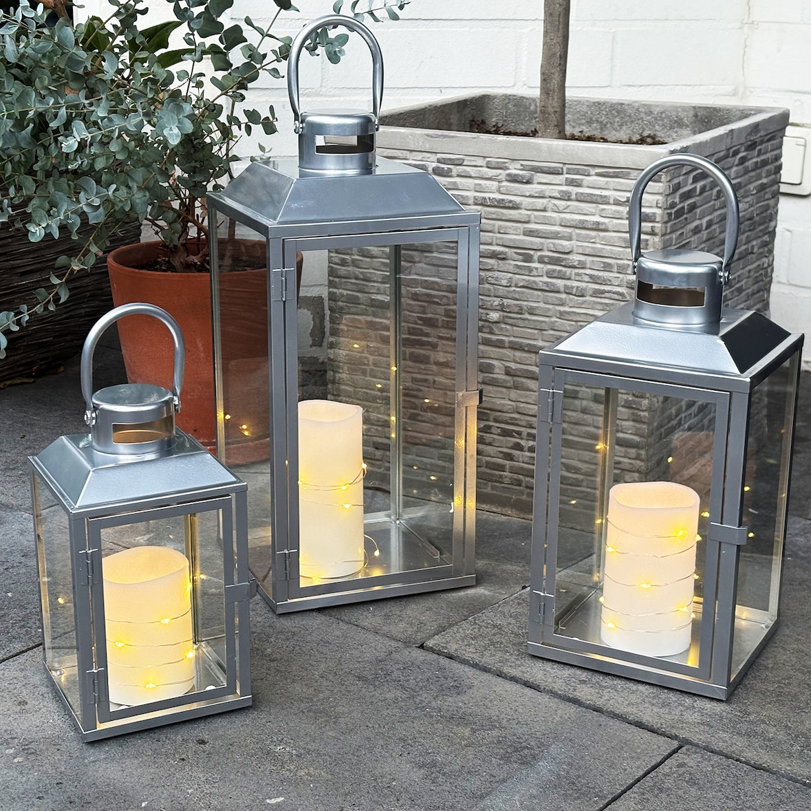 3er Gartenlaternen Laternen Metall Windlicht Silber H24/33/41cm