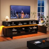 thumbnail of TV-Lowboard aus MDF in Schwarz, 160 x 35 x 60 cm, mit gehärteter Glasplatte, Hochglanzfronten und LED