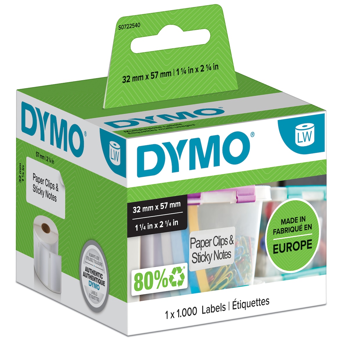 DYMO Original Etiketten für Labelwriter 32x57mm Vielzweck weiß ablösbar 1 x 1000 Etiketten S0722540