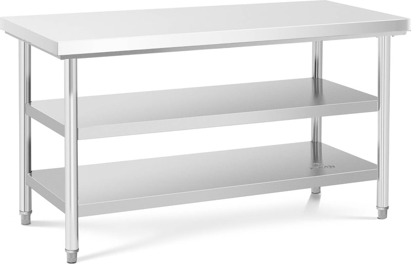 Een roestvrijstalen tafel met drie niveaus.