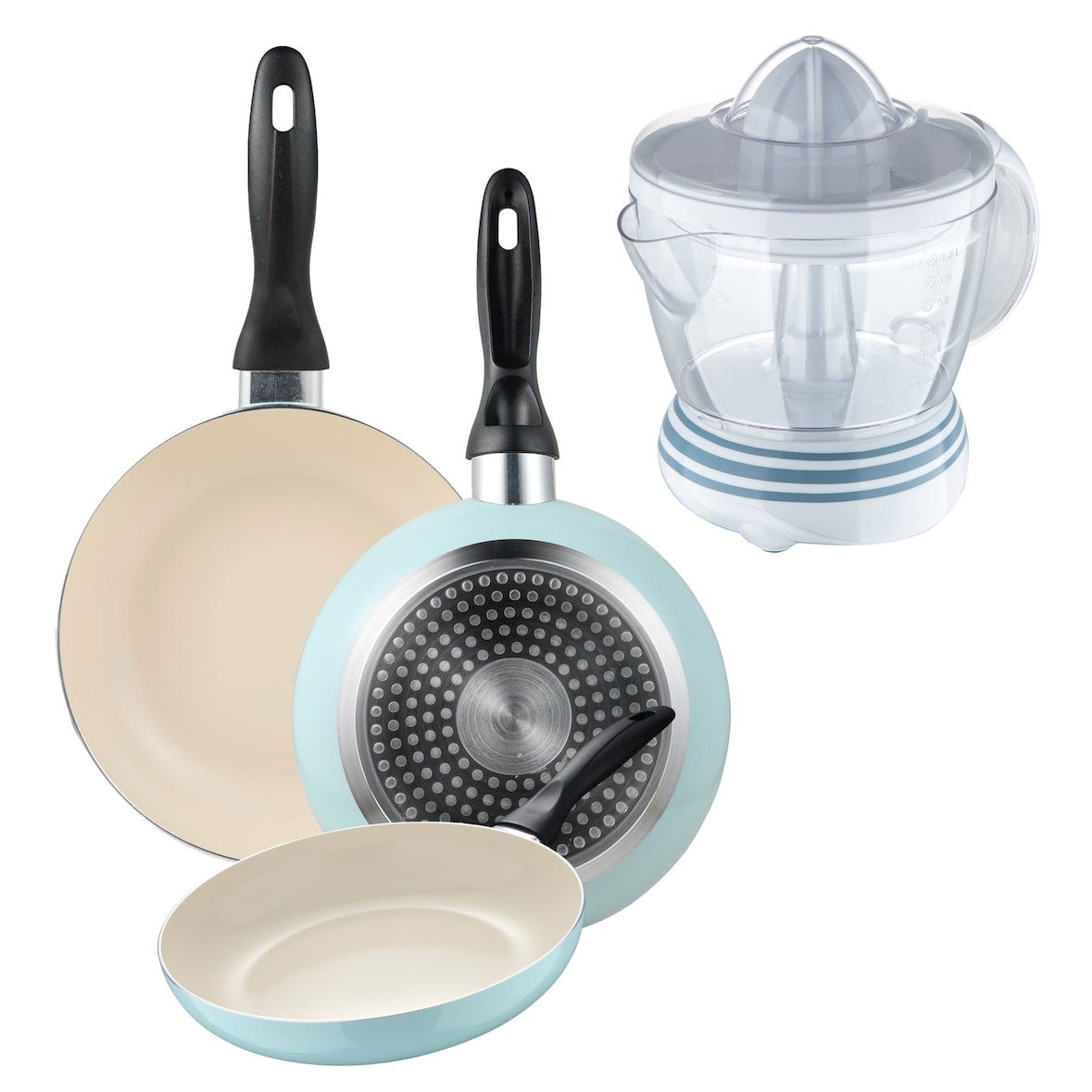 BERGNER - Set aus 3 Pfannen Ø16/Ø20/Ø24 cm gepresstes Aluminium Himmelblau Entsafter NATURALLY 40 W, 1,2 L