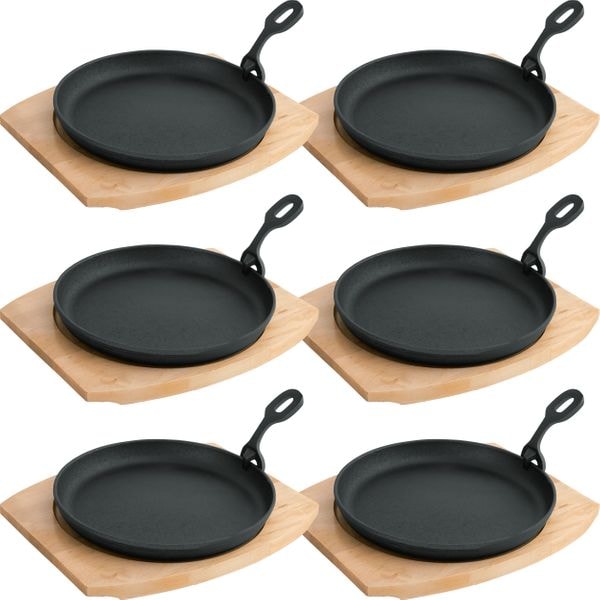 6x WAS Germany Servierpfanne mit Holzuntersetzer und abnehmbarem Serviergriff Ø 22 cm Gusseisen