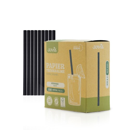 Trinkhalm in Schwarz aus Papier FSC®, Ø 8 mm / 15 cm, 150 Stück in Pappkarton
