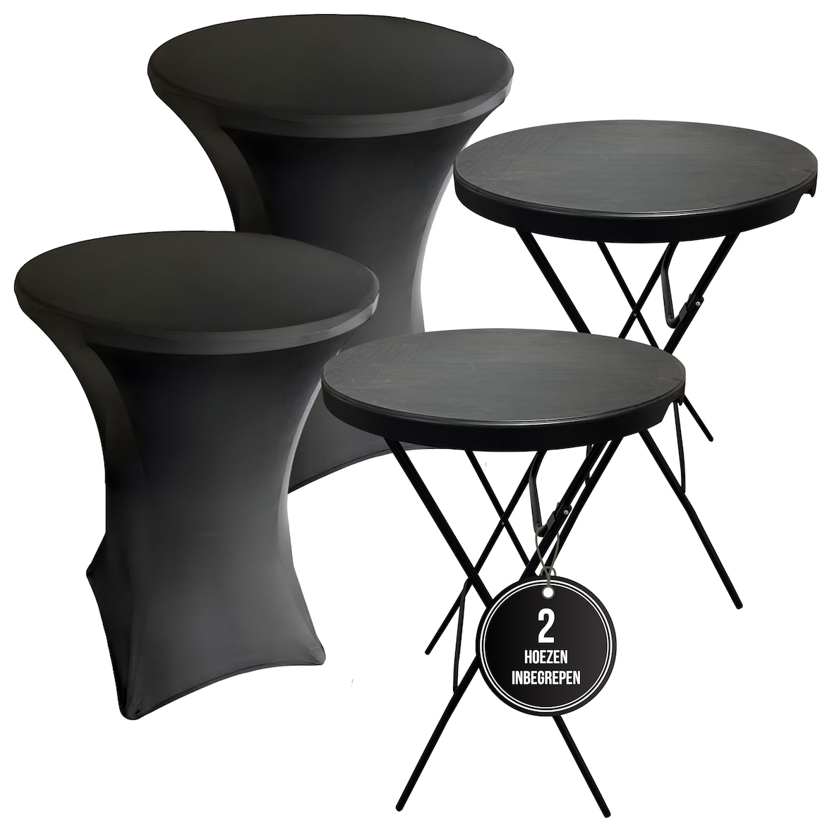 IvoQ Set van 2 Statafels Zwart – Inclusief 2 Zwarte Stretchhoezen – Ø80 cm x 110 cm – Opvouwbaar – Partytafels voor Feest, Tuin & Event
