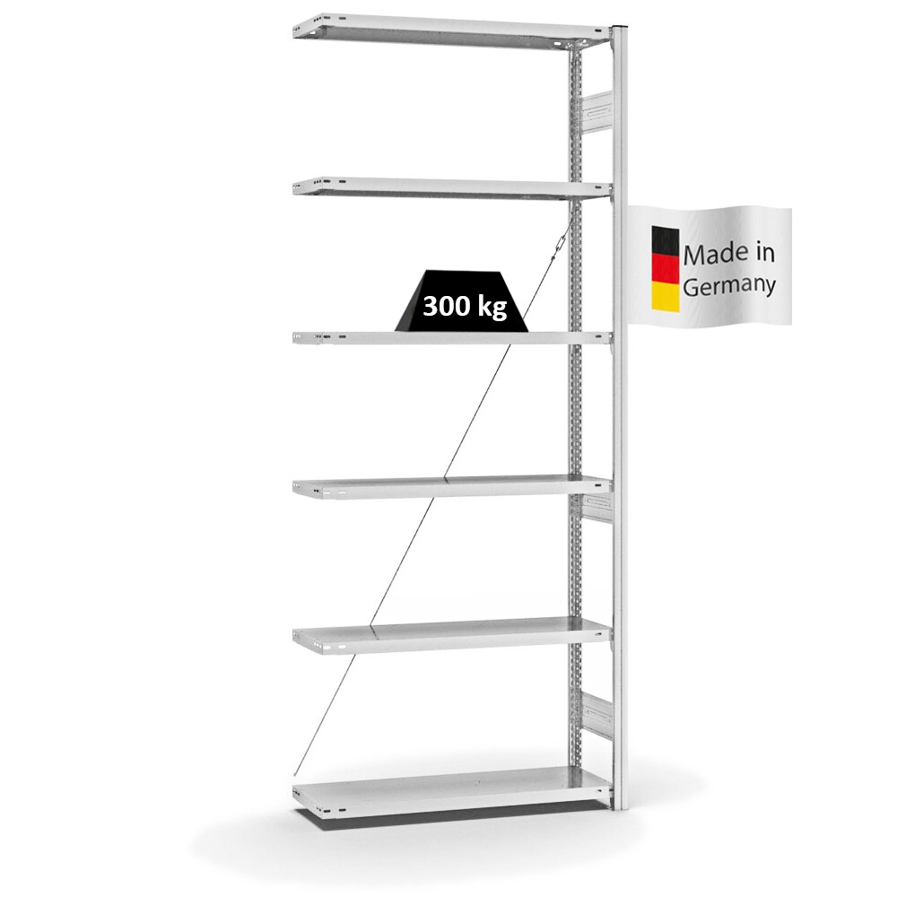 PROREGAL Fachbodenregal Stecksystem | Anbauregal | HxBxT 250x100x30cm | 6 Ebenen | Fachlast 300 kg | Einseitig nutzbar | Lichtgrau