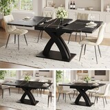 thumbnail of Ausziehbarer Esstisch 160x80x76  Schwarz mit schwarz weißer Musterplatte X Querstreben Metallauszug MDF Tischplatte für Küche Wohnzimmer Balkon