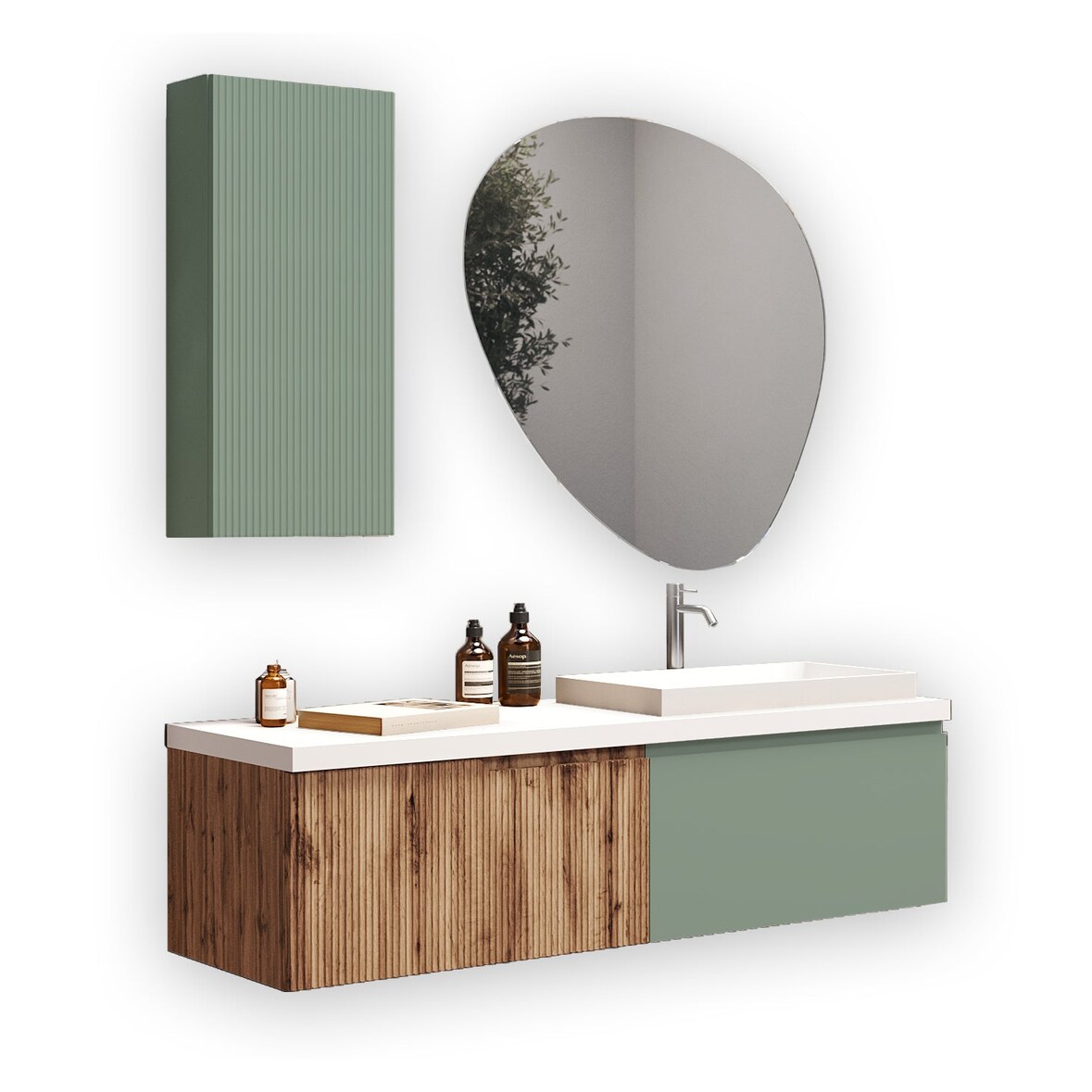 AQA Design Composizione da bagno in MDF 6 pezzi VENERE quercia/verde salvia cm. L.140 P.45 H.190 MPVE57-QUE-SAL