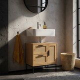 thumbnail of Waschbeckenunterschrank Eiche-Optik 60x60x40 cm mit Tür und Schubladen, Badezimmerschrank mit Rattangeflecht, Unterschrank Stehend, Badschrank