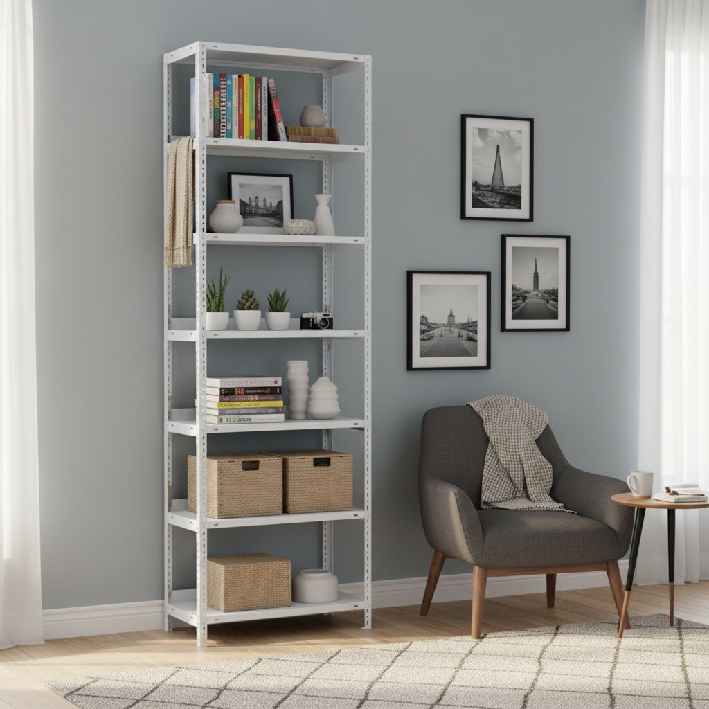 PROREGAL Industriestyle Wohnregal MAGNUS im Schraubsystem Made in Germany | HxBxT 220x75x30cm | 7 Stahlplatten-Ebenen | Fachlast 60kg | Verkehrsweiß