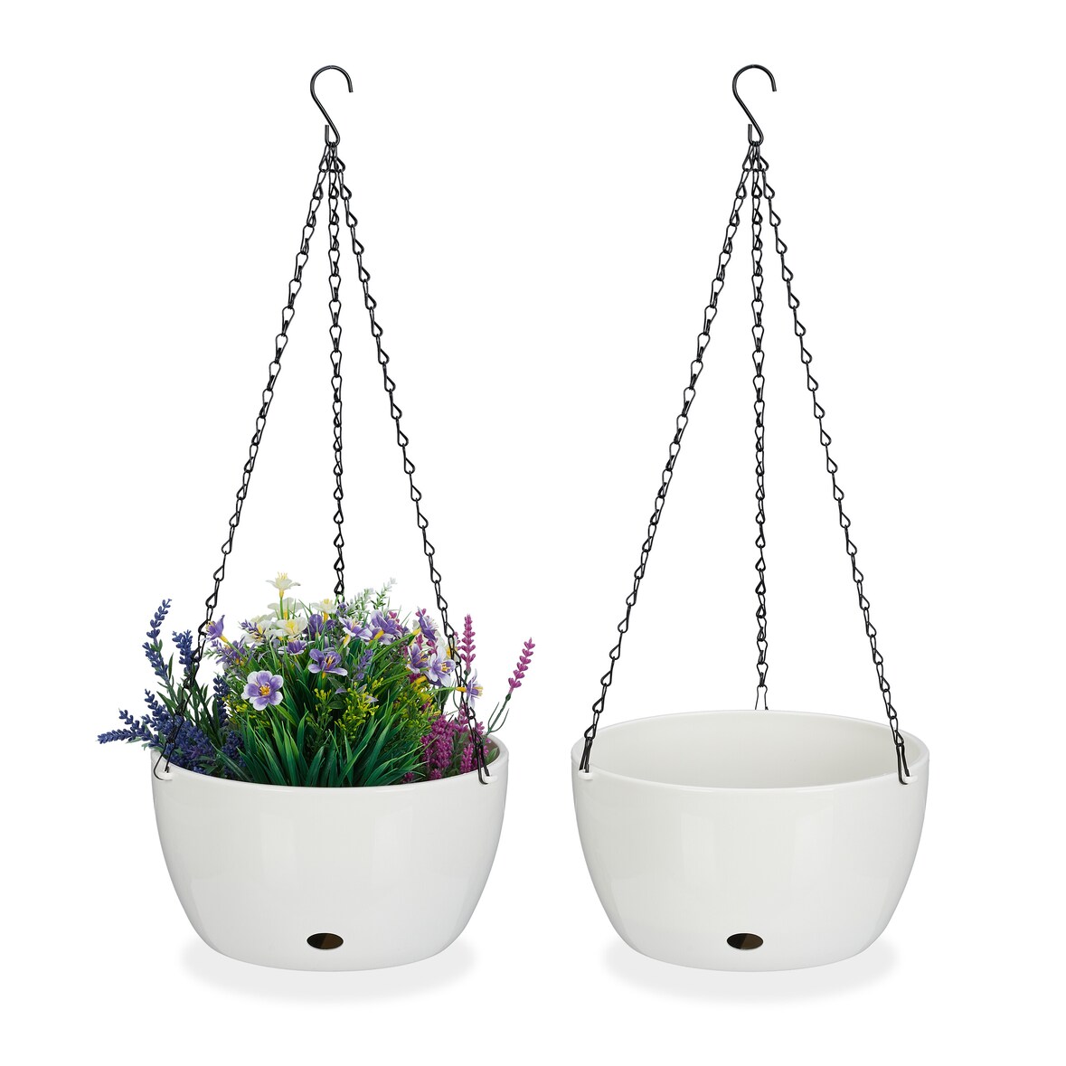 Relaxdays Blumenampel mit Wasserspeicher, 2er Set, HxD 67x28,5 cm, außen & innen, hängender Blumentopf, Kunststoff, weiß