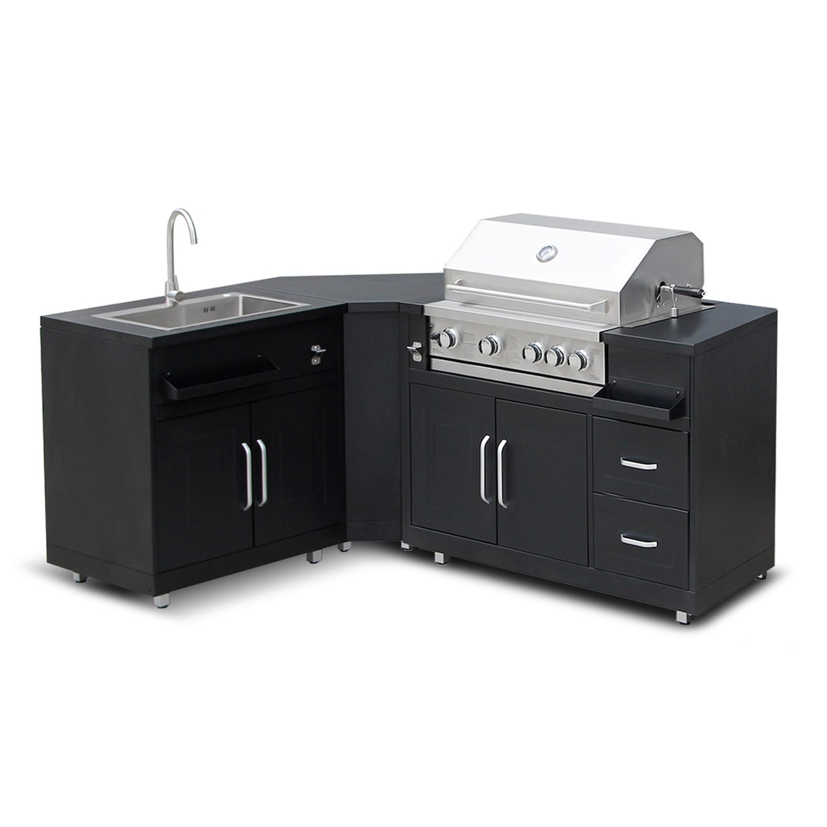 Cocina metálica exterior con 3 módulos, fregadero y barbacoa.