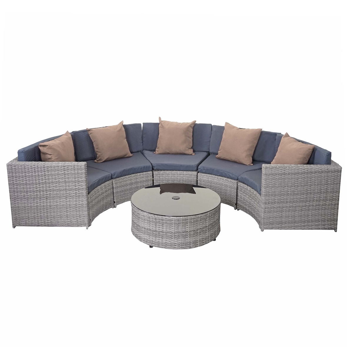 Poly-Rattan Garnitur rund HWC-E17, Garten-Set Sitzgruppe ~ grau, Polster dunkelgrau, Kissen beige