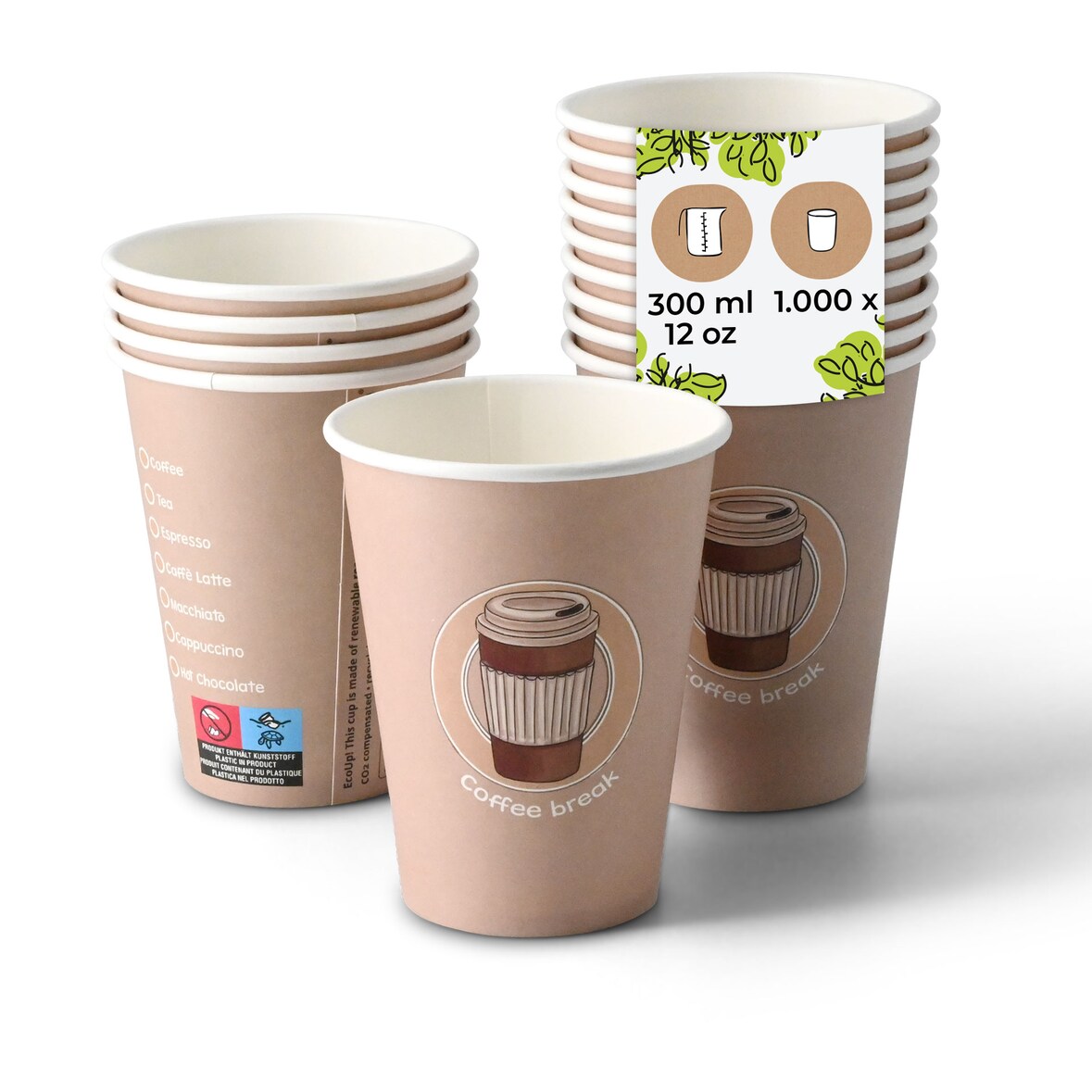 BIOZOYG Pappbecher Bedruckt Coffeebreak 1000 Stück 300 ml / 12 oz, Ø 80 mm, weiß - Kaffeebecher to go - Pappe beschichtet mit PE - Trinkbecher/Einweg