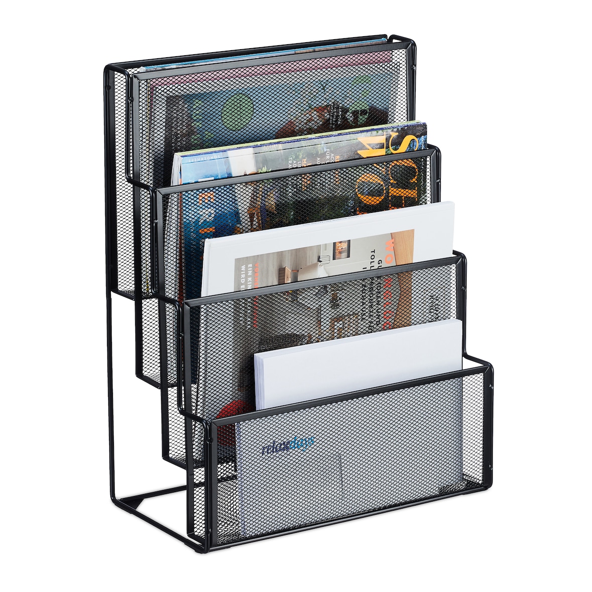 Relaxdays Zeitschriftenhalter Metall, 4 Fächer, Dokumentenablage Büro, HBT: 43x33x18 cm, Magazinhalter, Briefe, schwarz