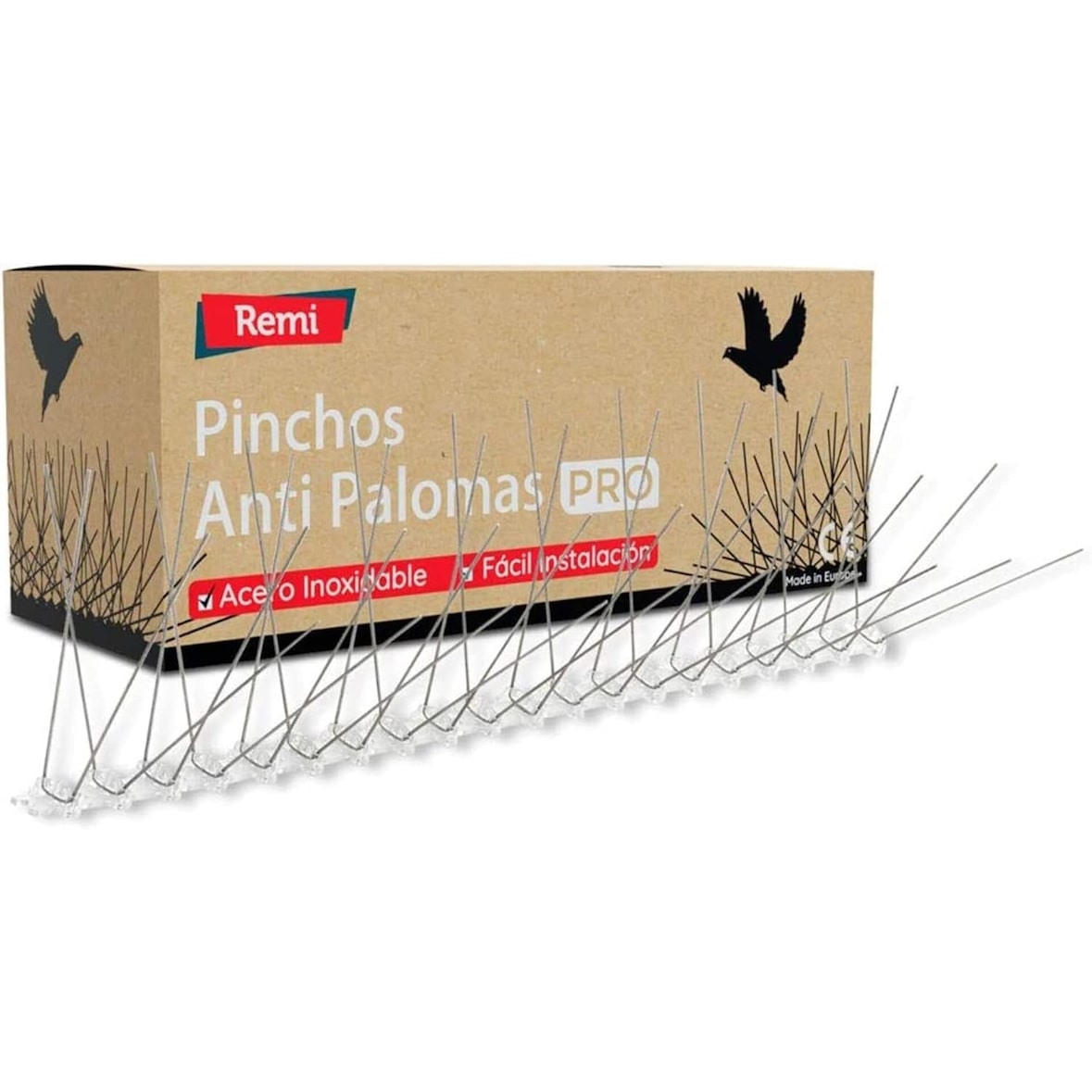 Remi Hogar 5 Metros Pinchos Antipalomas | 10 Tiras de 50cm Montadas con Base Transparente |Púas para Palomas de Acero Inoxidable