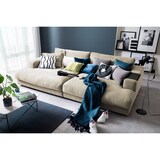 thumbnail of Sofá grande KAWOLA XL MADELINE con bandeja de madera negra para reposabrazos, tela blanca crema