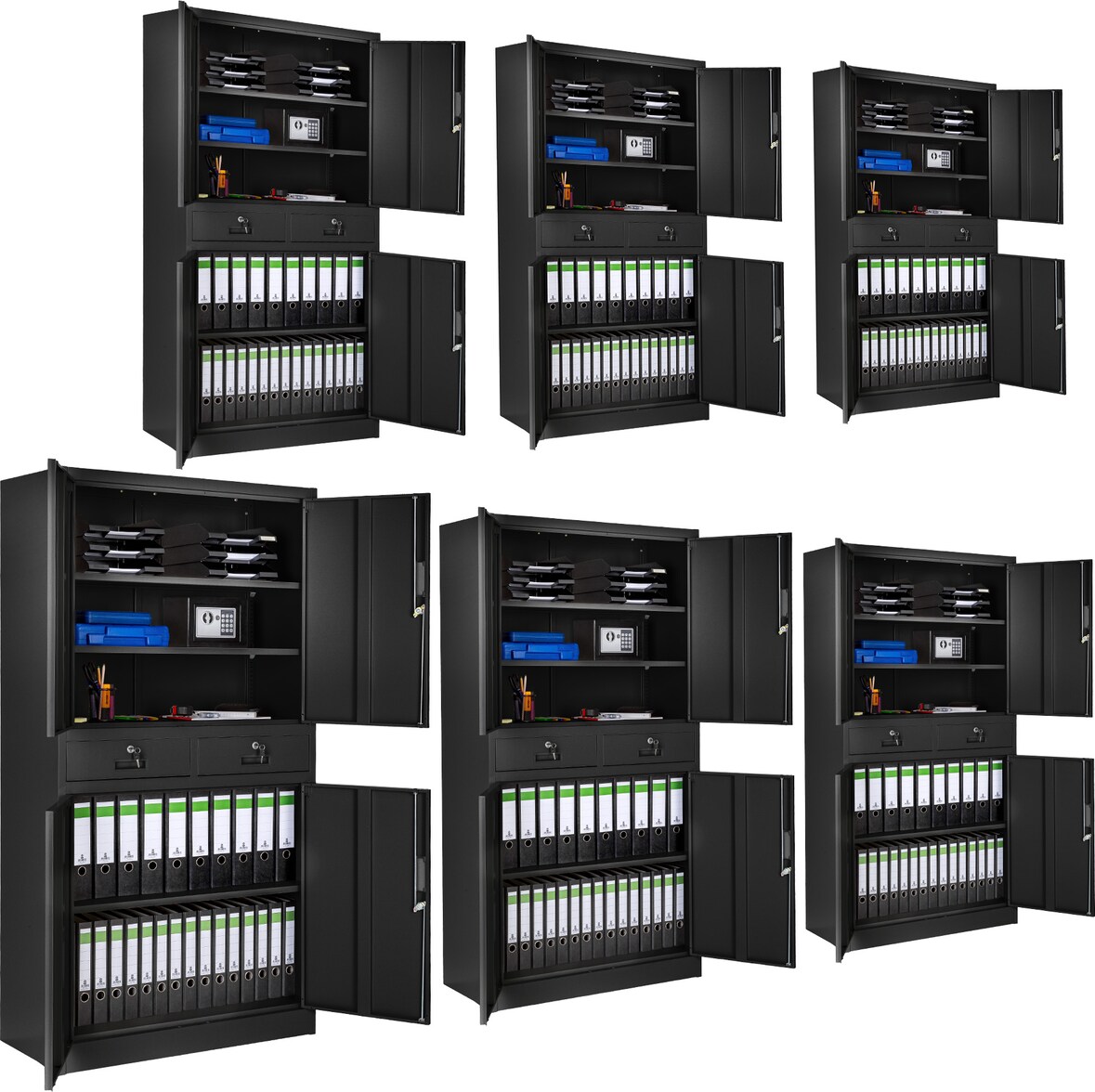 tectake 6 armarios archivadores con cierre de seguridad, 5 alturas + 2 cajones 180x90x40cm  Negro