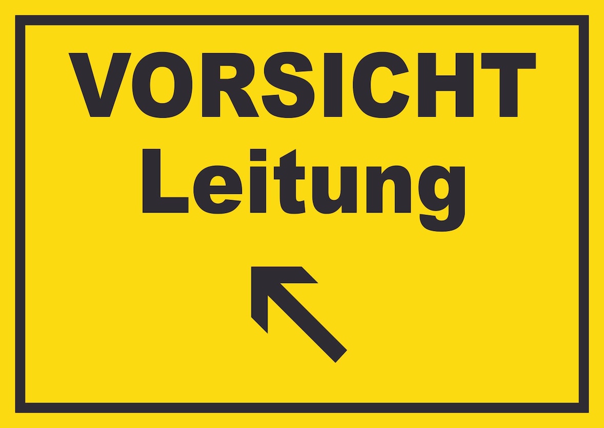 Vorsicht Leitung mit Richtungspfeil links oben Schild A2 (420x594mm)