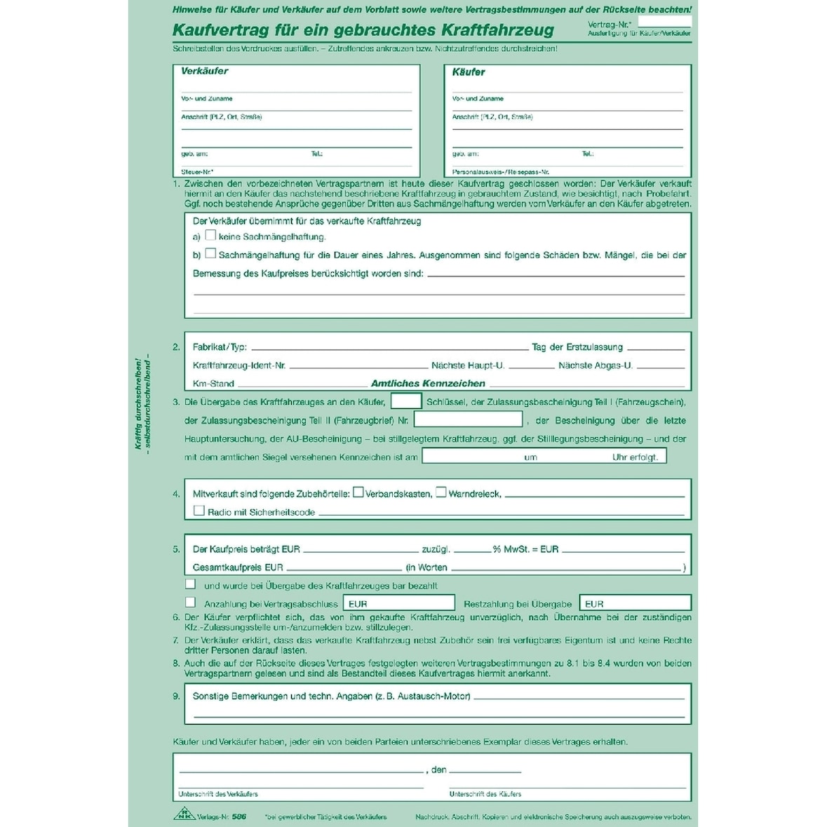 Kaufvertrag für gebrauchte Kfz. VE=10 Stück