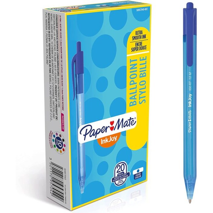 Confezione da 20 Penne a sfera a scatto Paper Mate Inkjoy 100 RT ULV M 1 mm blu S0957040
