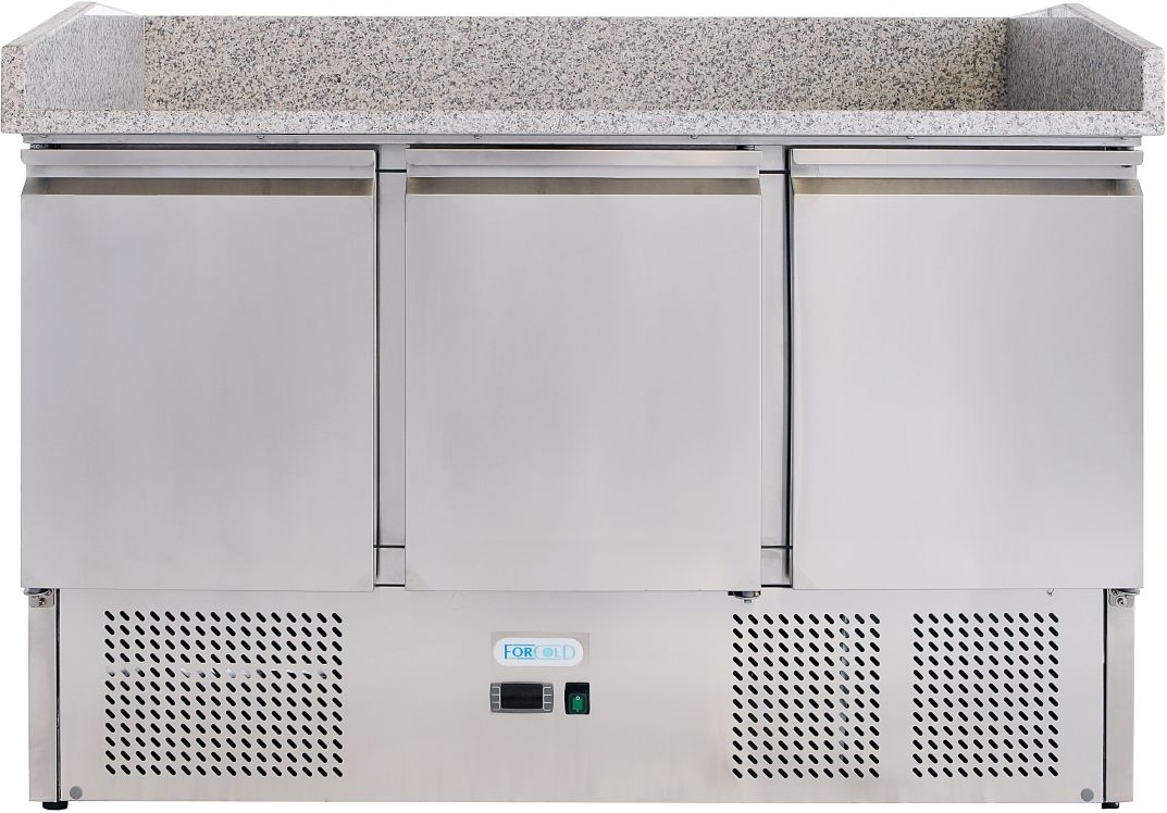 Saladette Pizzatheke 3 Türen. Arbeitsplatte aus Granit. Digitaler Thermostat. Abmessungen 140x70x102(h) cm. ForCold von FIMAR Modell G-S903PZ-FC