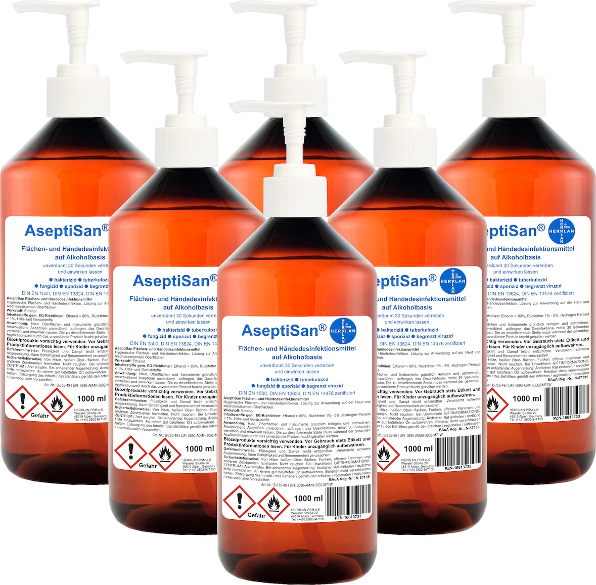 AseptiSan - 6 x 1000 ml mit Dosierpumpe I Händedesinfektionsmittel I Pharmazentral-Nr-16613733 I HERRLAN Qualität I Made in Germany