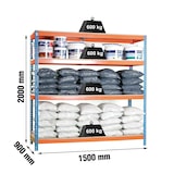 thumbnail of SimonRack Estante industrial, 2000x1500x900 mm, 600 kg no ponto de flexão, 4 prateleiras de madeira, Azul/Laranja/Madeira- Simonforte