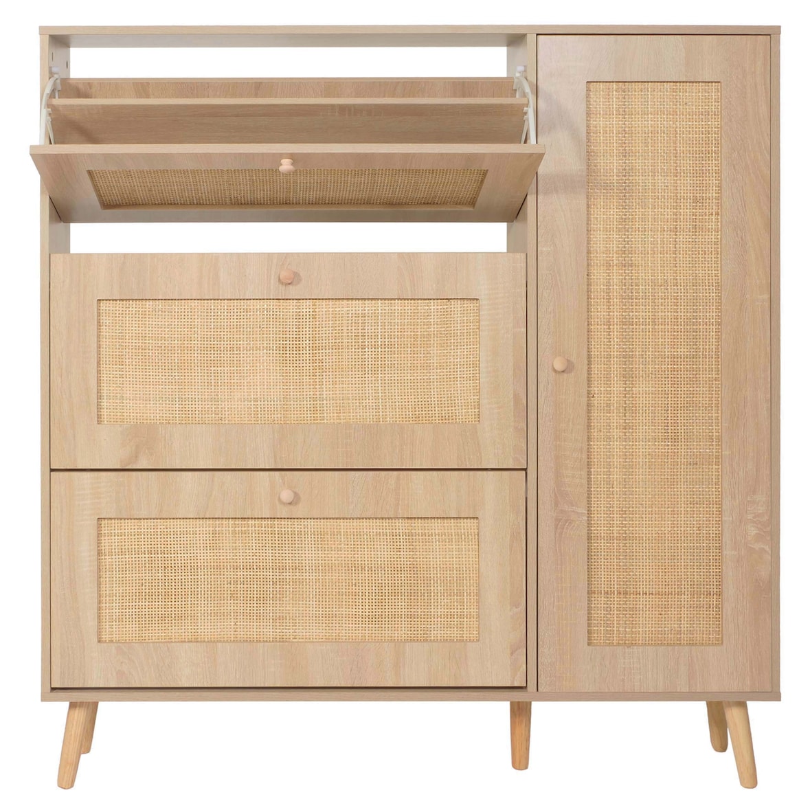 Rattan-Schuhkipper HWC-M37, Schuhregal Schuhschrank, 3 Kippfächer 2 Regalböden 127x120x24cm Holz Melamin ~ Eiche-Optik