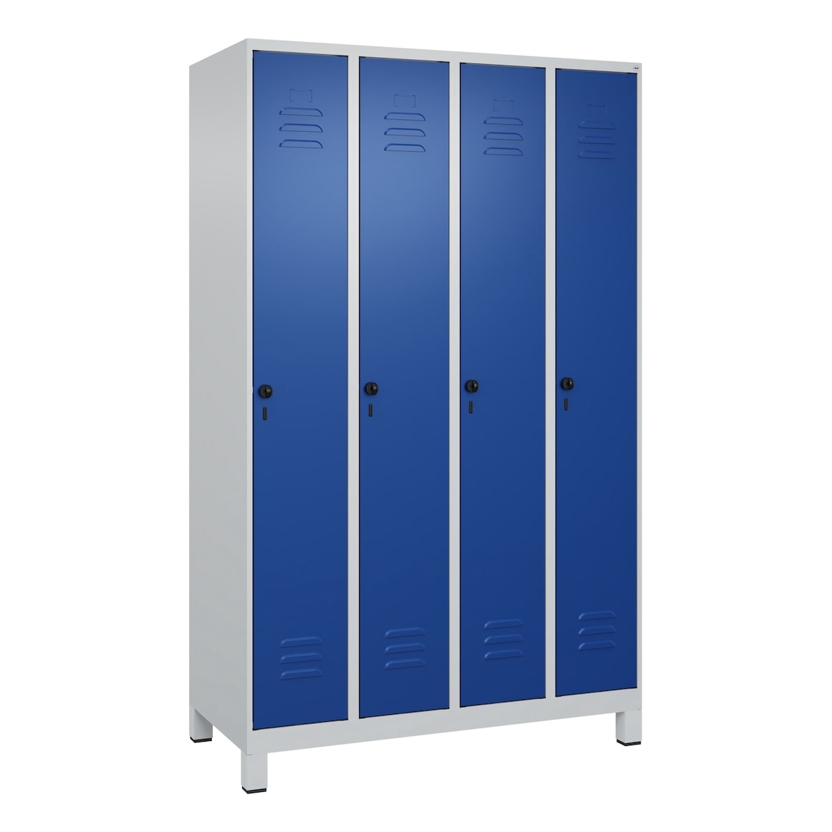 C+P Spind Classic PLUS, Füßen, 4 Abteile, HxBxT 195x120x50cm, Sicherheitsdrehriegel, Hellgrau/Enzianblau von PROREGAL