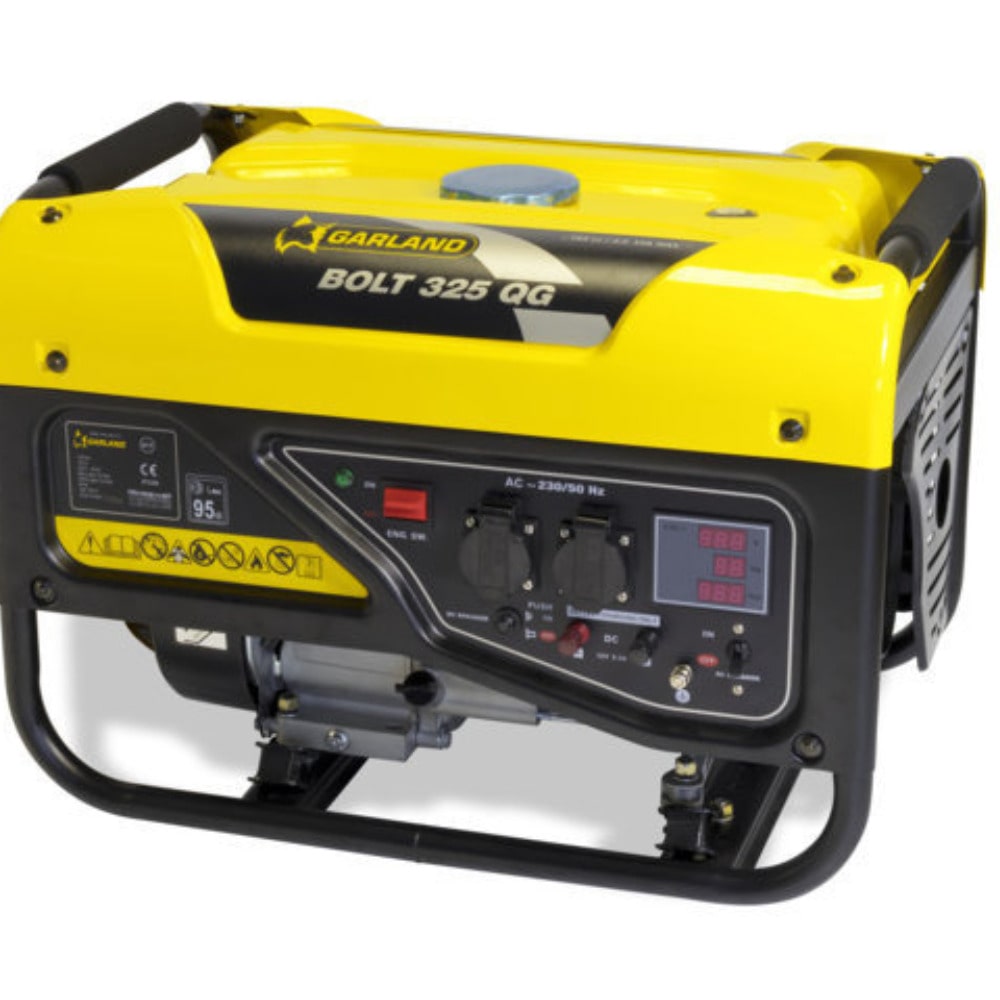 Generador eléctrico GARLAND BOLT 325QG-V17: Motor 4T, 40kg. Con ruedas y asas. Dos enchufes AC "Tipo F", salida DC 12V-8A para carga de baterías.