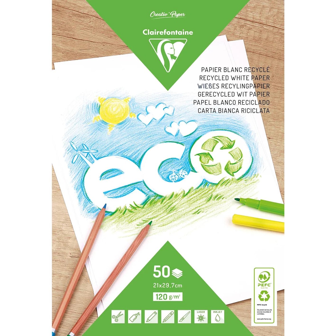 Clairefontaine 5x Weißes Recyclingpapier, Block mit 50 Blatt A4, 120g - Weiß 26509C