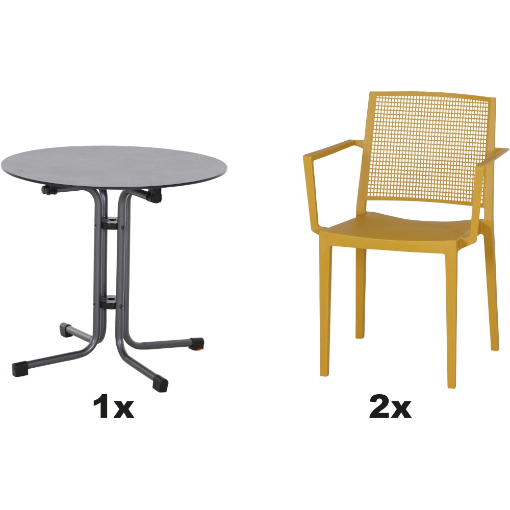 SIENA GARDEN Urban Lights Set 3teilig Square Sessel gastrotauglich mustard mit Tisch Sola Ø80