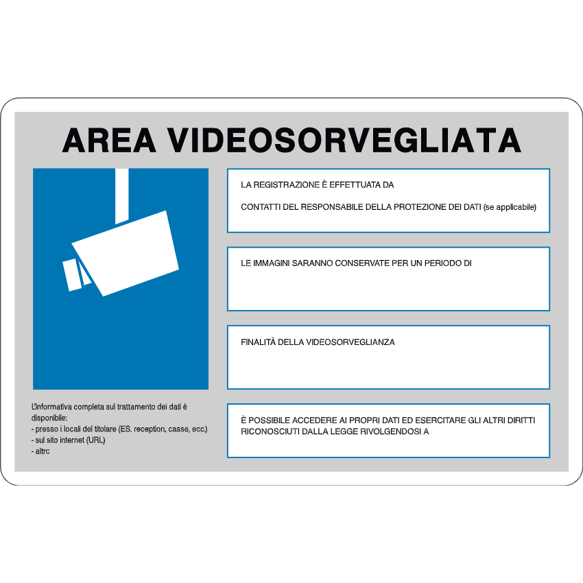 cartello alluminio 300x200 mm area videosorvegliata - l'informativa completa sul trattamento dei dati.. simb.blu/bianco