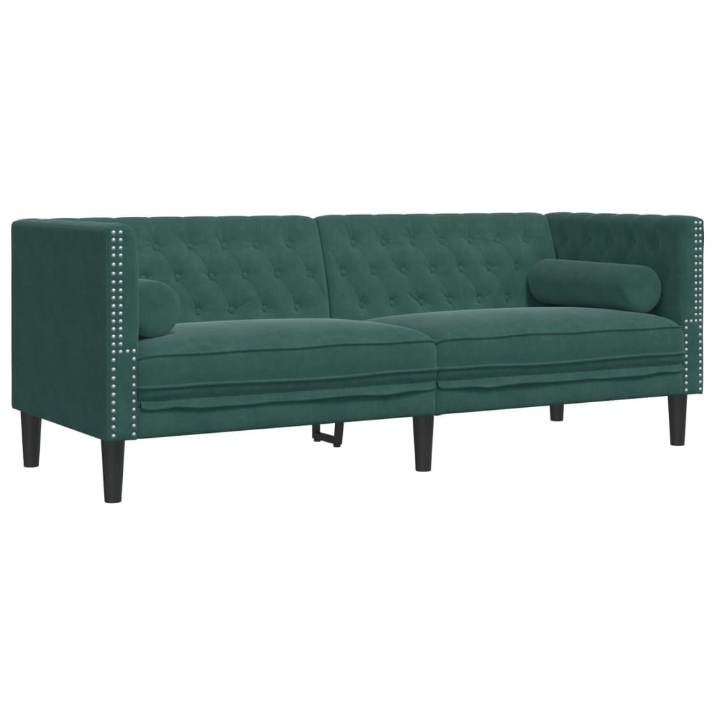 Canapé Chesterfield avec traversins 3 places vert foncé velours Modèle Dervélia