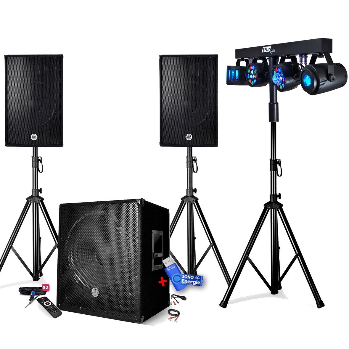 Pack sono 2200W - Enceintes/Caisson/Pieds - USB/BLUETOOTH - BMS-1512, Portique Lumière, Mariage+ Clé USB 32G