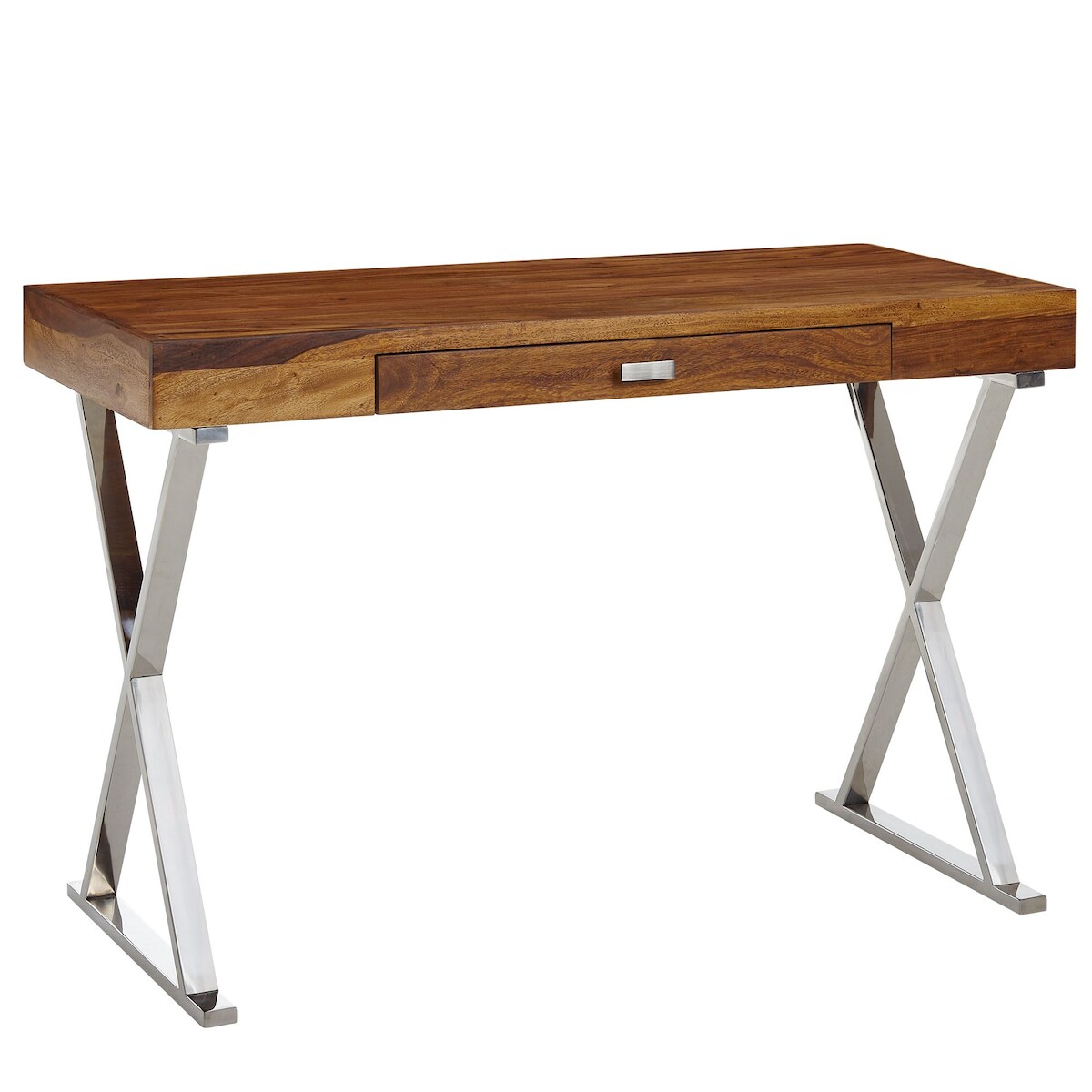 Massiver Sheesham-Schreibtisch mit X-förmigem Metallgestell. Silber, 120x55x78 cm | Kadima Design