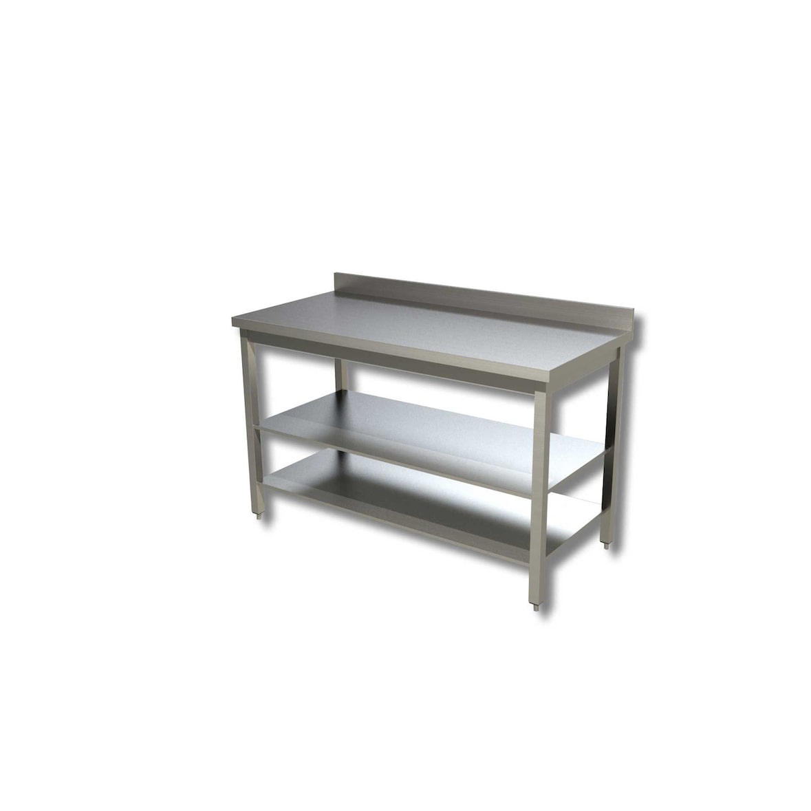 Tavolo in acciaio inox su gambe con 2 ripiani e alzatina L50xP60xH85 cm