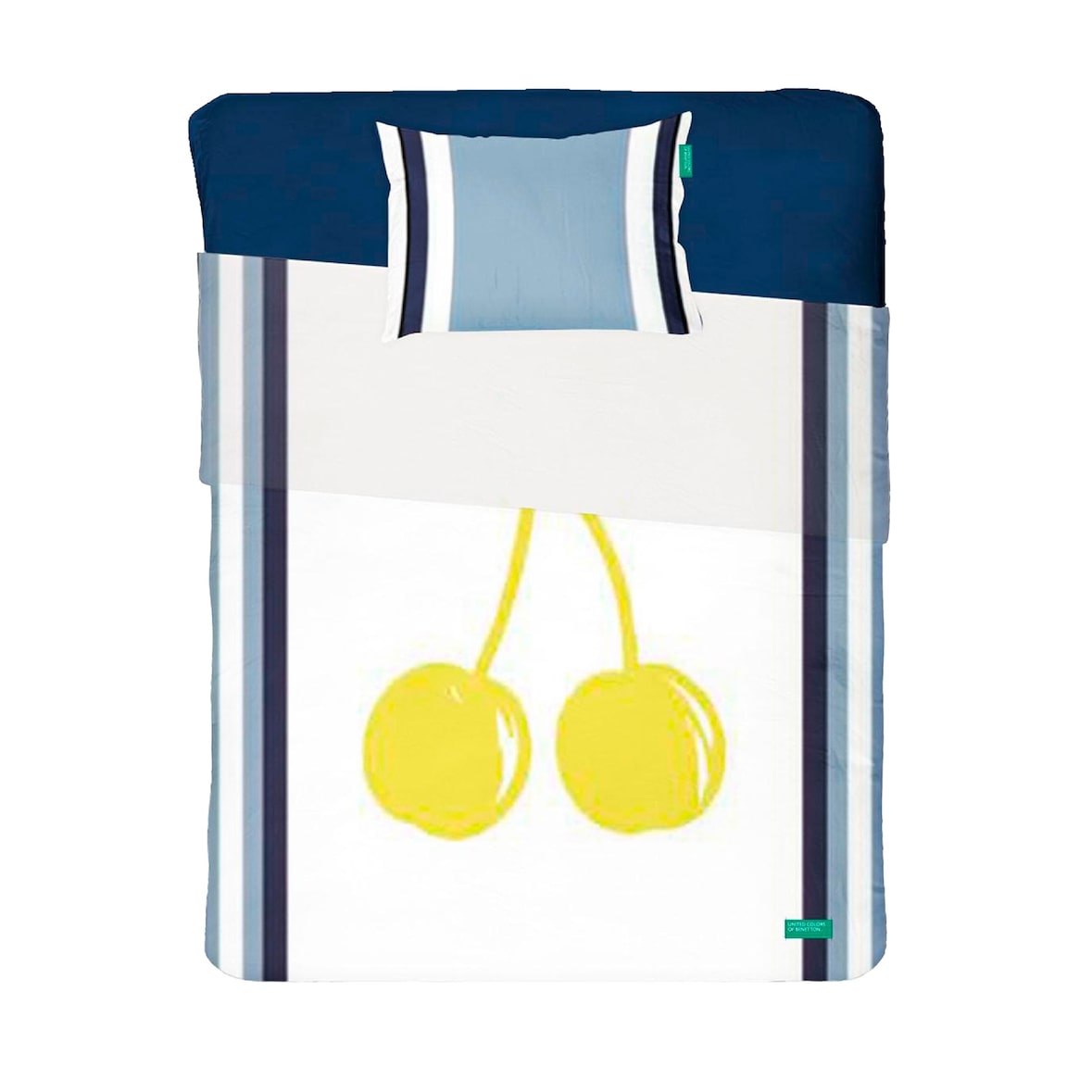 Benetton - Conjunto de cama de solteiro de 3 peças (lençol de cima 160x290cm + lençol de baixo 90x200cm + fronha 50x80cm) 100% algodão azul e amarelo