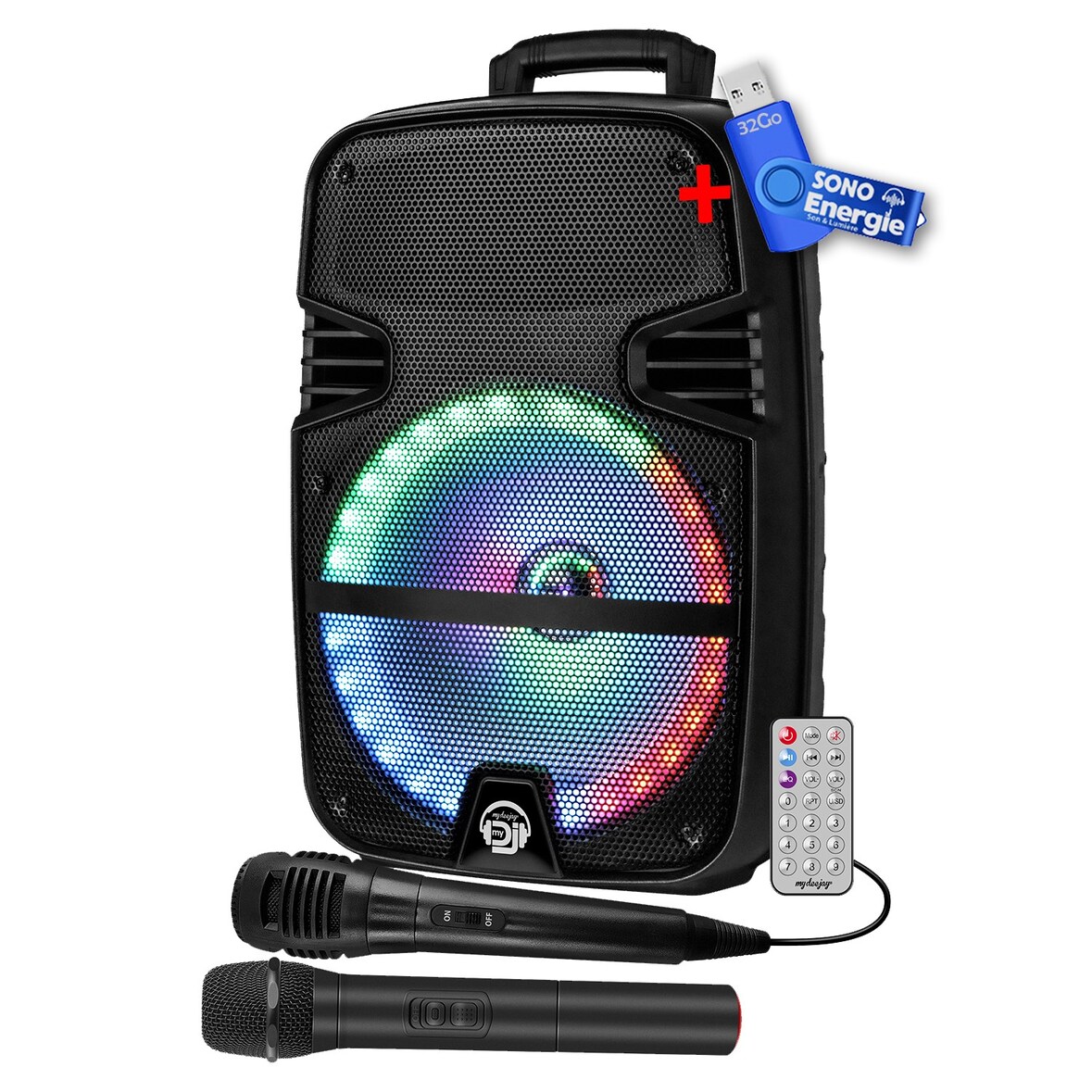 Enceinte sono mobile My Deejay MDJ12 Ring à LEDs RVB 600W 12" USB, Bluetooth, TWS, Micros VHF et filaire, +clé USB 32Go