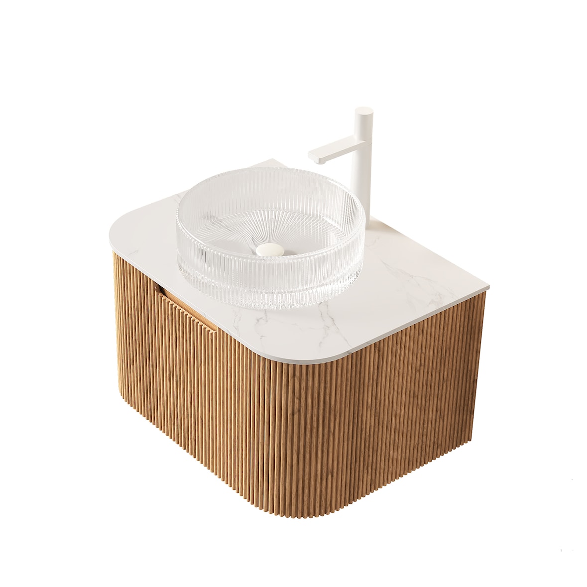 Hängender Badezimmer-Waschtisch 48×61×48 cm mit Rundem Kristallglasbecken in Carrara Weiß und Sperrholzschrank